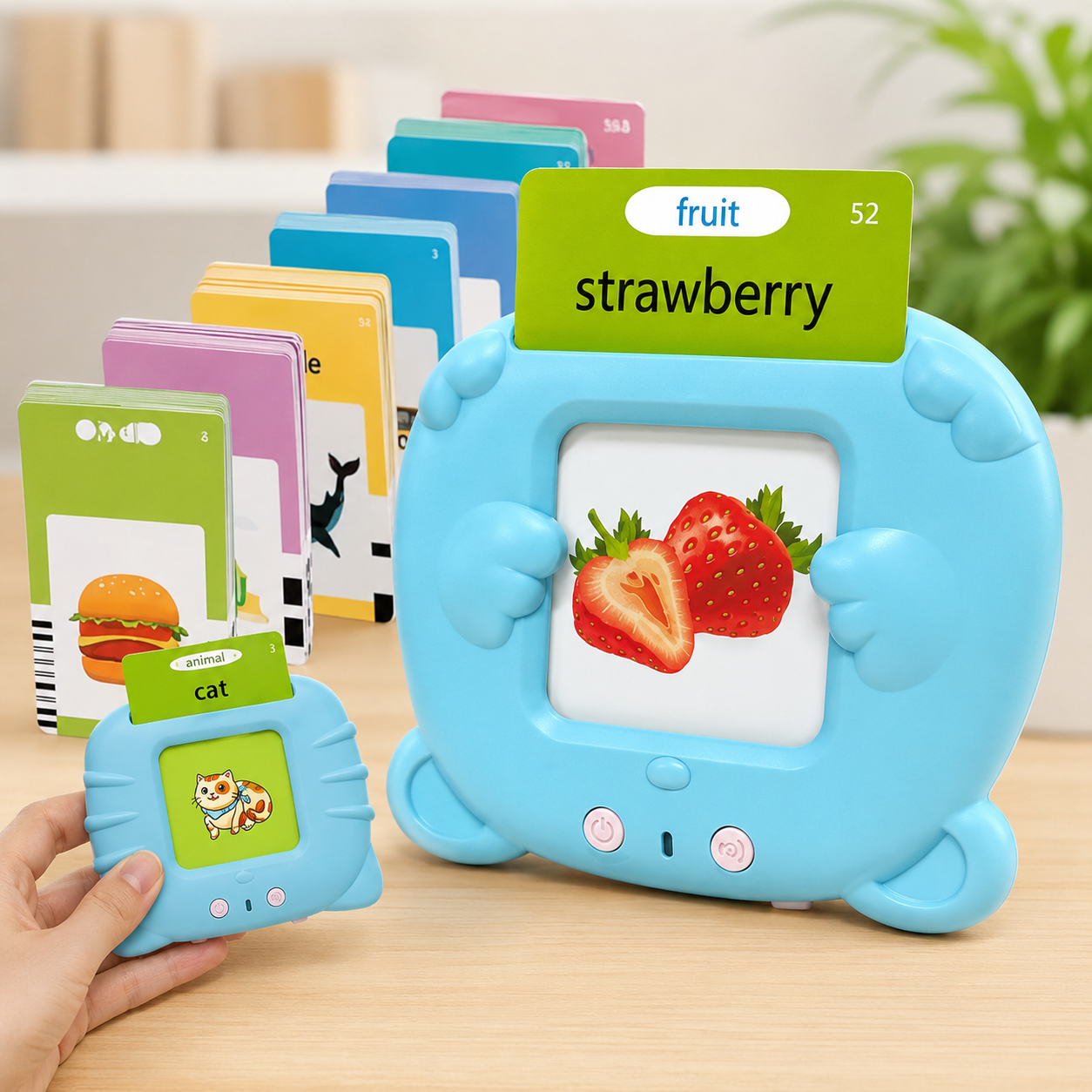 Talkaroo talking flashcard reader in blue with a card in the slot and its full card set