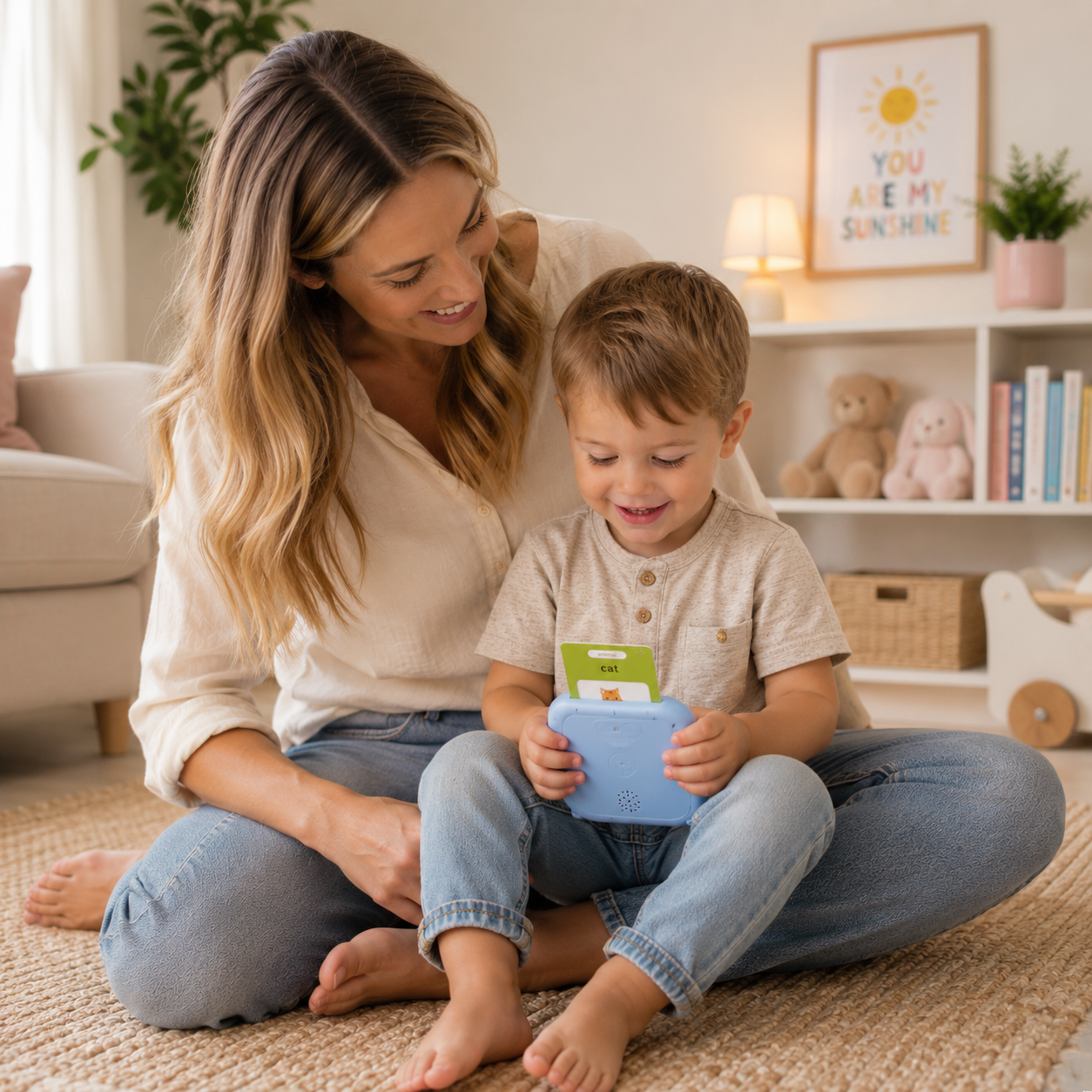 Australian mum and toddler playing with Talkaroo on the living room floor